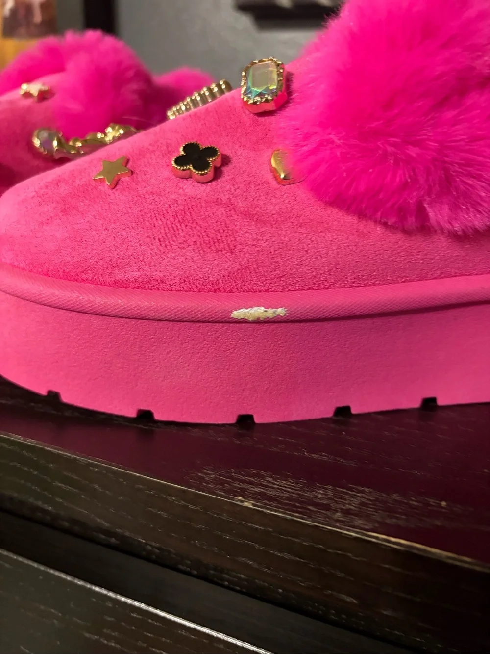 Hot Pink Platform Fur Slip-On Mules with Jewel Accents